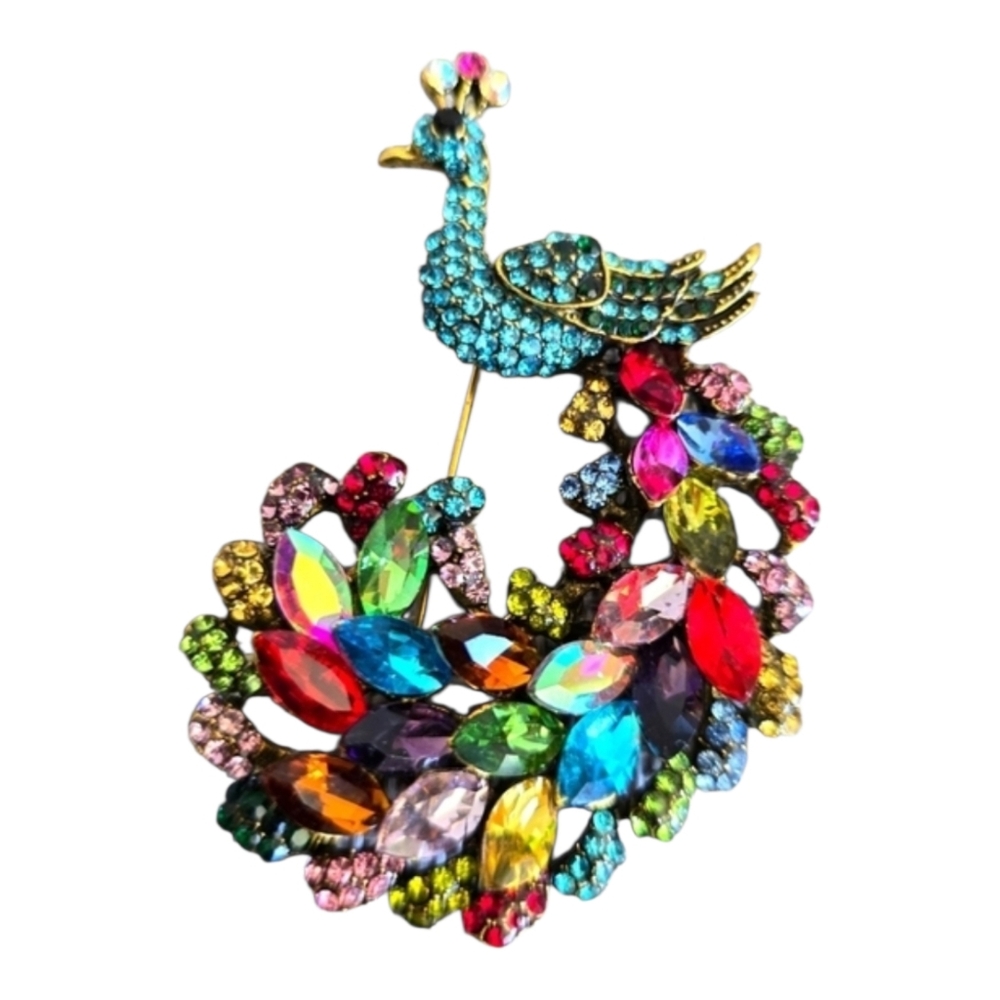 Gold Peacock Brooch Rhinestone Colorful
